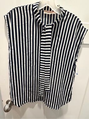 Philosophy Navy White Striped Tie Neck Sleeveless Blouse Small Office Career Top